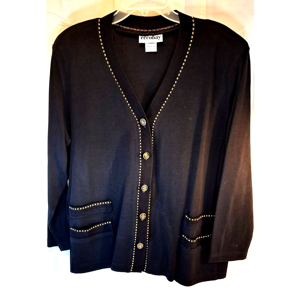 ECCOBAY Women's Button Top Shirt Black Long Sleeve V Neck Gold Trim Pockets L